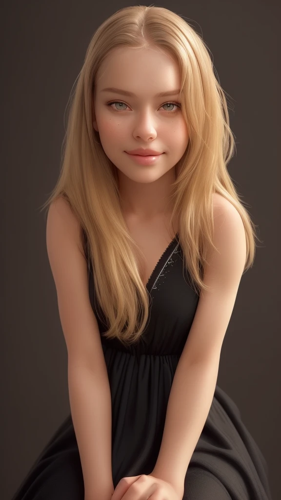 Prompt: Realistic, (photorealistic:1.4), beautiful happy girl with blond and brown highlight hairs , sitting pose, wearing a black dress with white detail , ultra detailed face, intricate details, skin texture, pores, highlights, hyperdetailed, soft natural light, exposure blend, flat color, low contrast