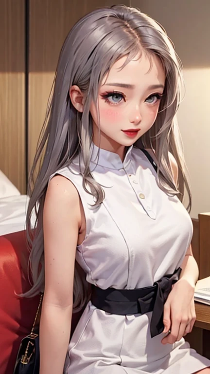 blush a little and smile, (Top quality masterpiece:1.2) Delicate illustrations, Very detailed, /Beautiful Japanese Women、1 person,Very cute and slim、Great style 、((8K images、super high quality))、Very delicate face, Skin and Hair、beautifule forehead、Red lipstick、(((((Mid-length hair、Silver Hair、lure))))),Very cute Japanese cut face、Eyes and nose are clearly visible、Kind eyes,((((Sleeveless fashion))))
