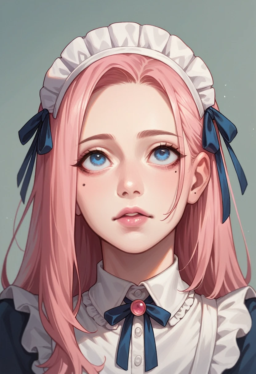 best quality, masterpiece,pink loose long hair, blue eyes,maid clothes, looking up, upper body,hair strand,Fair skin, a mole under left eye, pink lips, a in 8 year old