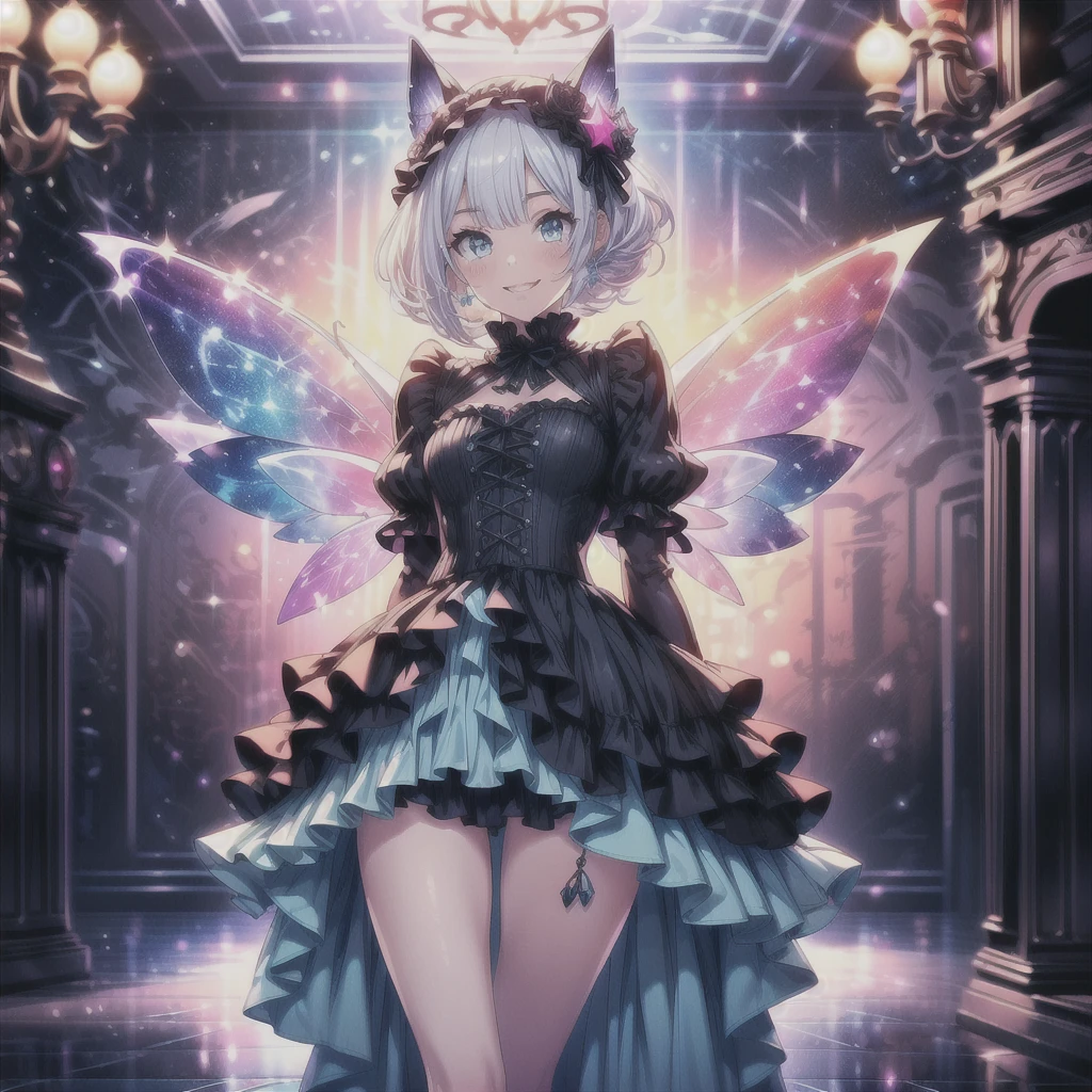 Star Fairy、score_9, score_8_superior, score_7_superior, sauce_anime,masterpiece, Highest quality, High resolution, Highly detailed CG, Absurd, One girl, alone, Cool girl in gothic ta outfit posing in palace, mini skirt, Frills, 黒 and blue outfit,((smile), Spread your legs, Standing on the floor, ruby👁️🗨️,white_hair, ((two_side_superior)), background, dark_background, Black Palace, Midnight, indoor, (extremely detailed background:1.6), Details 1, Bright colors