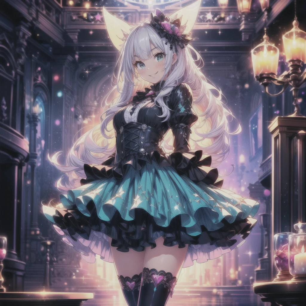 Star Fairy、score_9, score_8_superior, score_7_superior, sauce_anime,masterpiece, Highest quality, High resolution, Highly detailed CG, Absurd, One girl, alone, Cool girl in gothic lolita outfit posing in palace, mini skirt, Frills, 黒 and blue outfit,((smile), Spread your legs, Standing on the floor, ruby👁️‍‍🗨️,white_hair, ((two_side_superior)), background, dark_background, Black Palace, Midnight, indoor, (extremely detailed background:1.6), Details 1, Bright colors