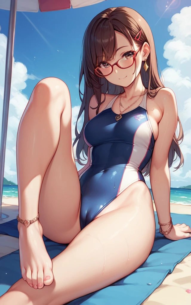 Brunette anime girl in a swimsuit where you can see her vagina with glasses showing her feet