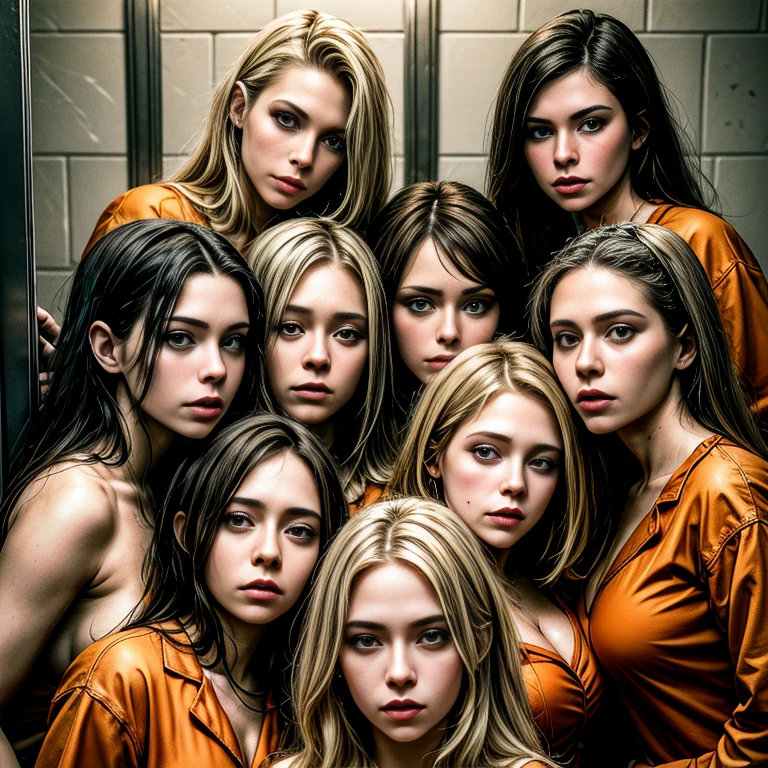 group picture, smile, medium breasts,8 girls,beautiful face,looking at viewer, inmates ,realistic,prison cell,orange prison jumpsuit,prison,(masterpiece, high quality:1.2) different women, perfect face.