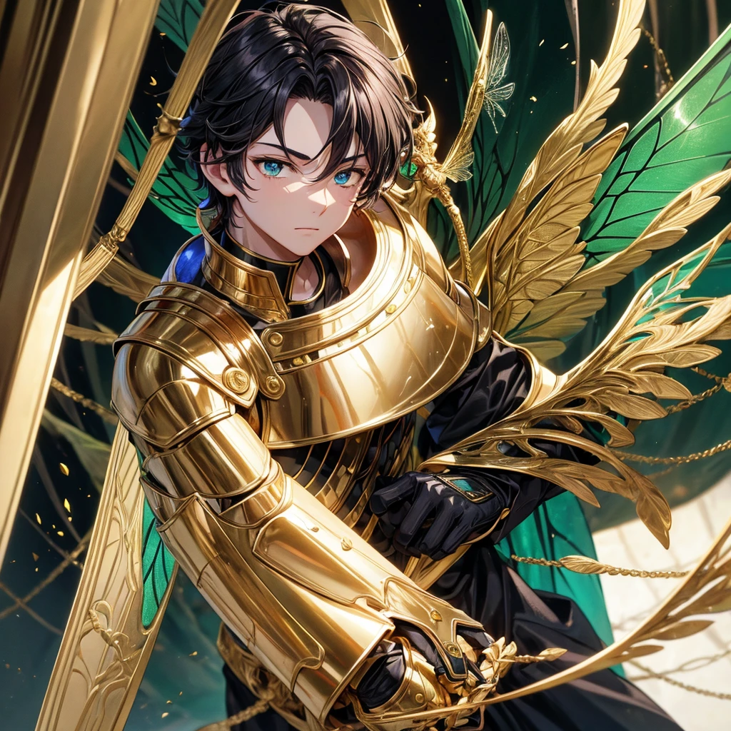 Boy with gold armor and cavello asero Black green eyes and dragonfly wings