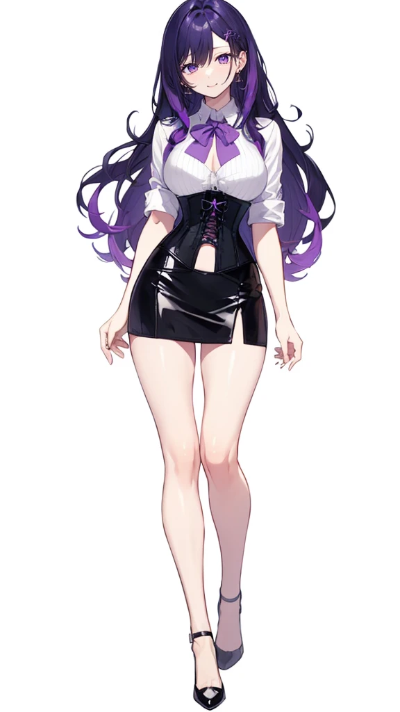Purple hair,long hair,Adult female,((Rolling up your sleeves shirt)),Open chest,(Corset),(Tight skirt),(high heels),((Simple White background)),Smile,((Full body)),((whole body)),Character Sheet,