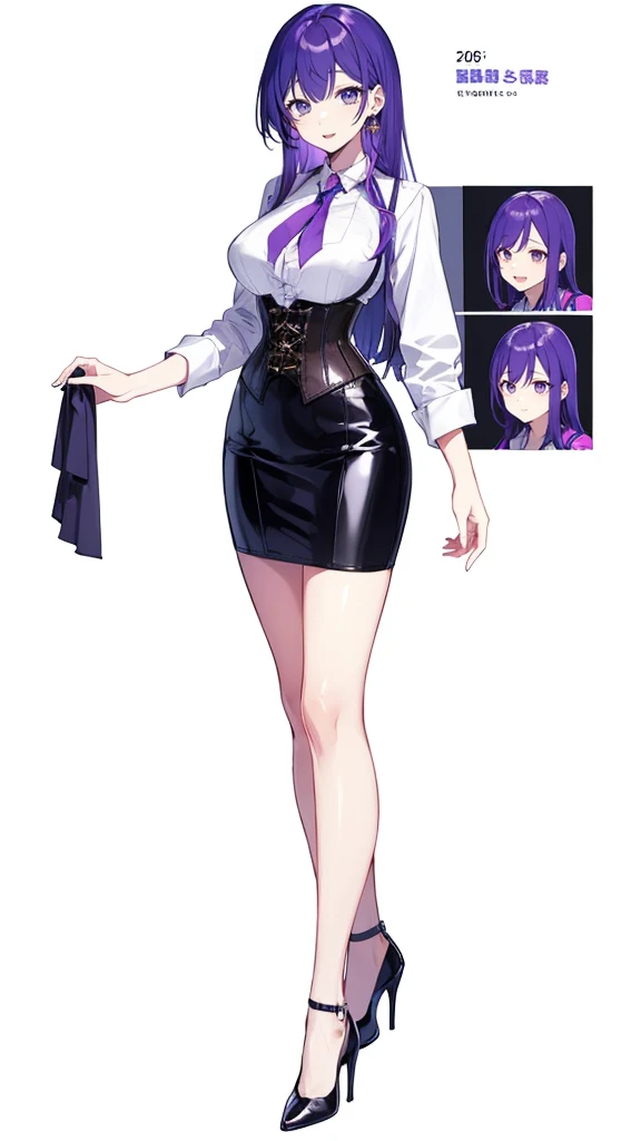 Purple hair,long hair,Adult female,((Rolling up your sleeves shirt)),Open chest,(Corset),(Tight skirt),(high heels),((Simple White background)),Smile,((Full body)),((whole body)),Character Sheet,