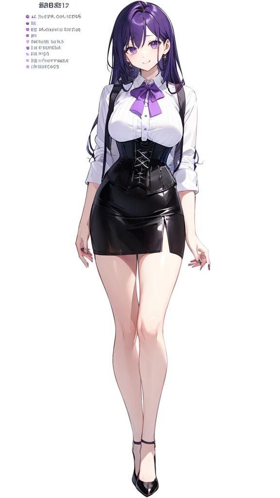 Purple hair,long hair,Adult female,((Rolling up your sleeves shirt)),Open chest,(Corset),(Tight skirt),(high heels),((Simple White background)),Smile,((Full body)),((whole body)),Character Sheet,