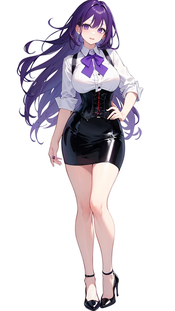 Purple hair,long hair,Adult female,((Rolling up your sleeves shirt)),Open chest,(Corset),(Tight skirt),(high heels),((Simple White background)),Smile,((Full body)),((whole body)),Character Sheet,