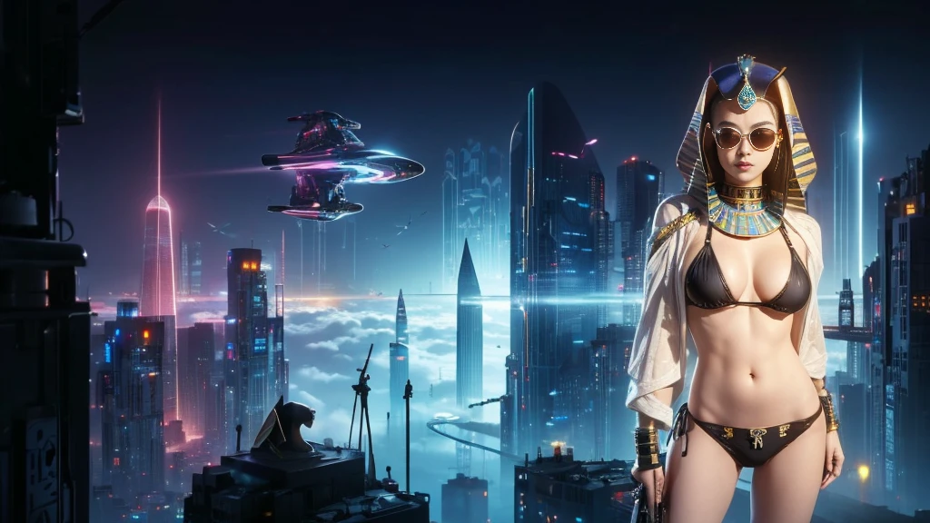 (((a medium-breast bikini slim GIRL with black micro sunglasses))), (((aiming at viewer with a pistol))), a balcony of a futuristic building, aerial view of an ultra-futuristic megalopolis, many metal buildings and houses in dark colors from dark blue to black, a cidade tem tons de cinza metal, has smoky metal structures , industrial environment with smoke and fog around, carros escuros nas ruas, desert megalopolis, trilhos e trens modernos de de metal passando estre as ruas da cidade, tall futuristic metal buildings, many ultra modern buildings around, (((an Egypt sphinx statue on the top of building))), realistic, detailed, sci-fi.
