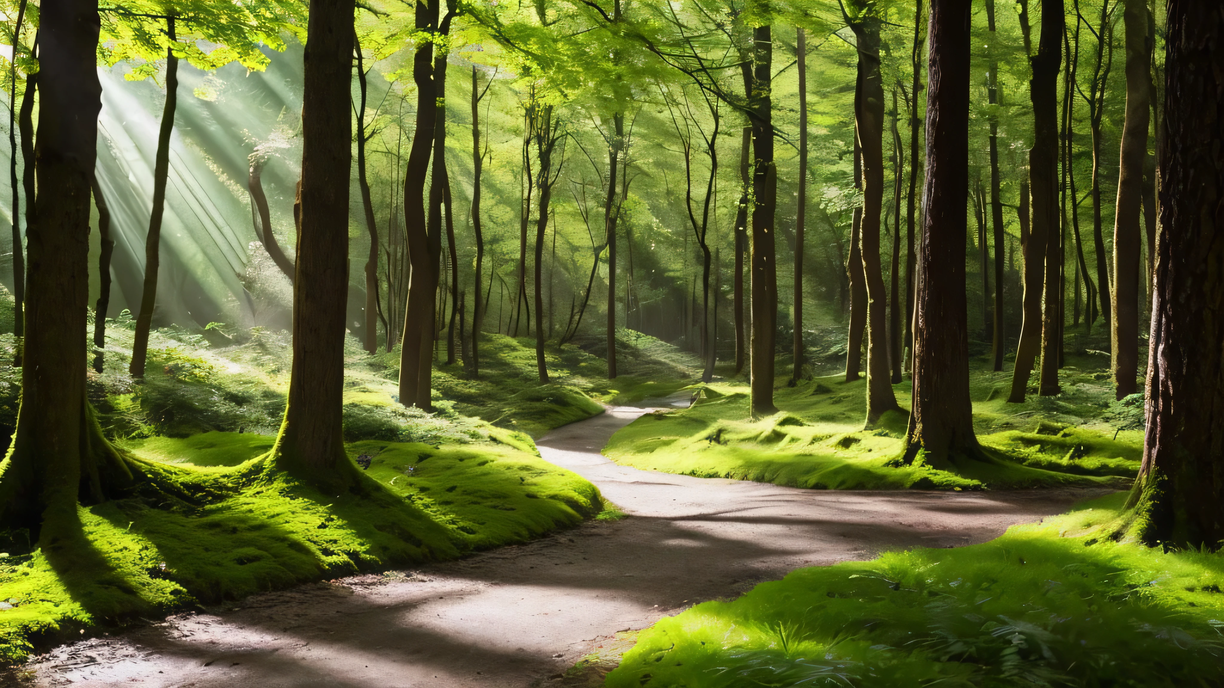 Primary forest,Sunlight filtering through the trees,Mossy stone,Spring