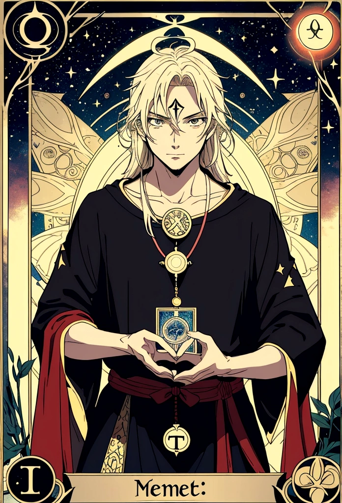 Notice me sempai, guy, programmer, with esoteric keyboard, perfect lighting and good composition, (tarot card style)