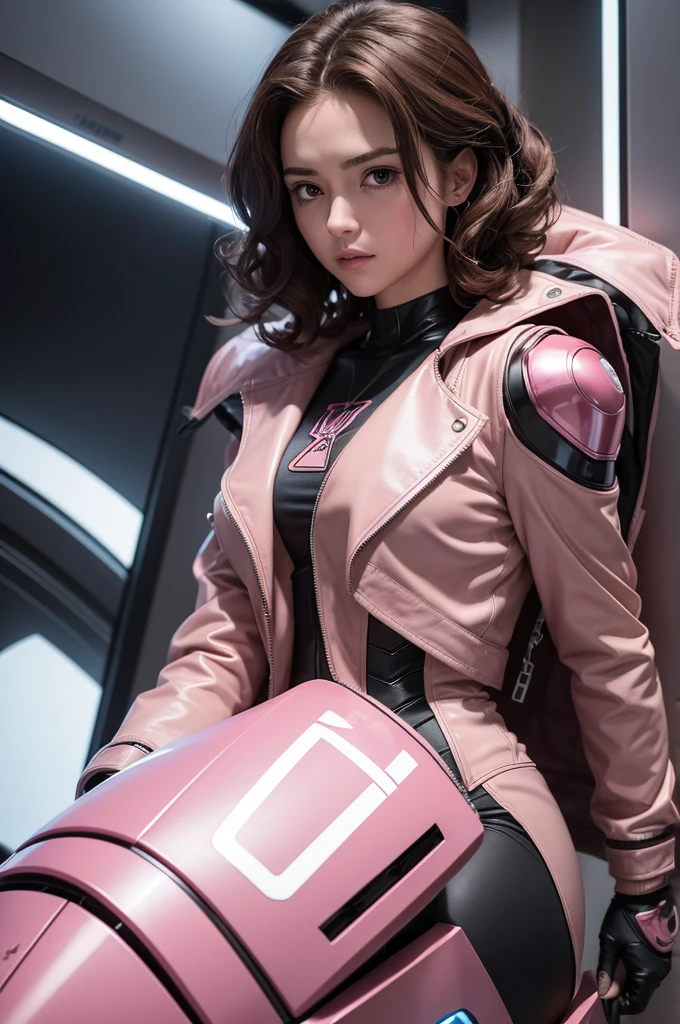 A Marvel comic book-style character with shoulder-length brown curly hair and brown eyes. She has pale skin and wears a pink jacket.. Her outfit is predominantly pink, with a mix of collegial and medieval style. The character is riding a large robot that resembles Gustaff from Tron Bonne, but with a pink color. The robot has a robust and functional design, suitable for combat and other activities, and has advanced technological elements.