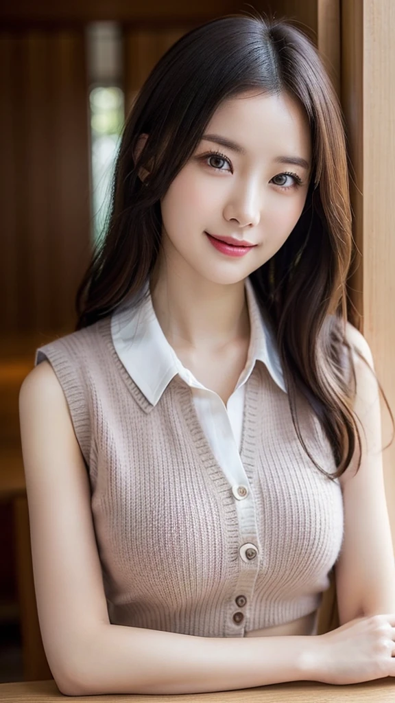 On the table, best quality, Photorealistic, Fine details, high resolution, 8k wallpaper, Perfect dynamic composition, Beautiful and delicate eyes, Medium Length Hair, Full breasts, Casual and sexy pose,Hold your head high and your chest high、(High collar cropped vest, Sleeveless knitwear:1.3)、Exposing the collarbone and chest skin,(Huge breasts,Towering breasts:1.2),Toothy smile、View from the resort、18 years old、Adult Beauty、Japanese woman