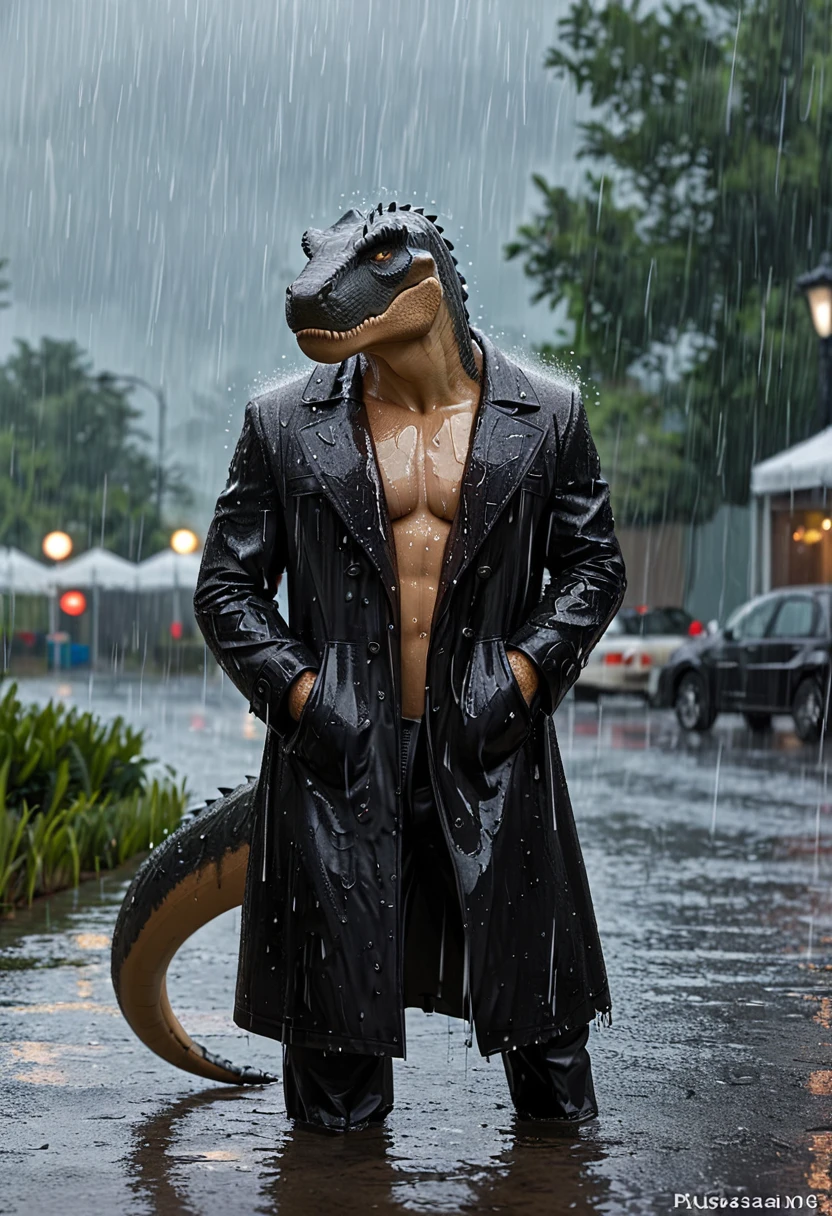 Sexy Tyrannosaurus Rex wearing a black trench coat,(No humans),E7E48U,Wet body,rain, Background grassland