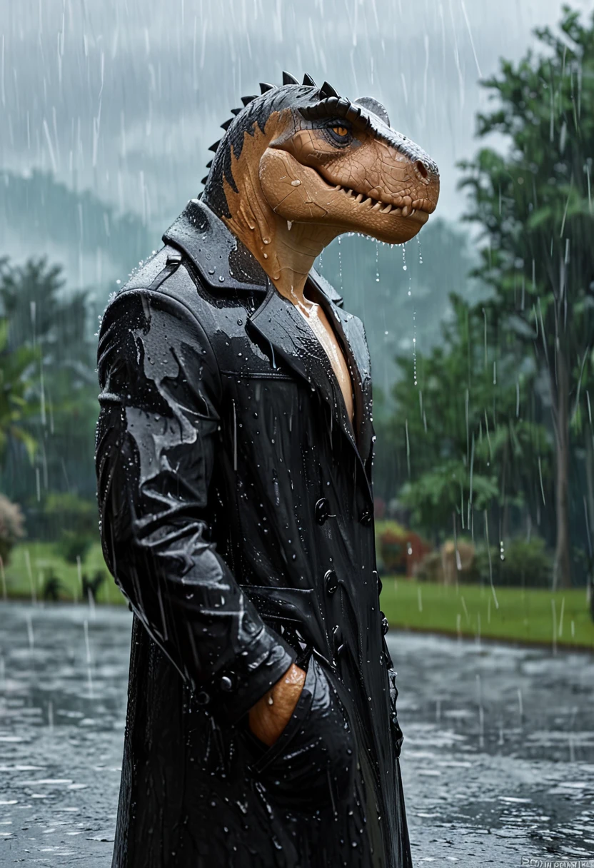 Sexy Tyrannosaurus Rex wearing a black trench coat,(No humans),E7E48U，Wet body，rain, Background grassland
