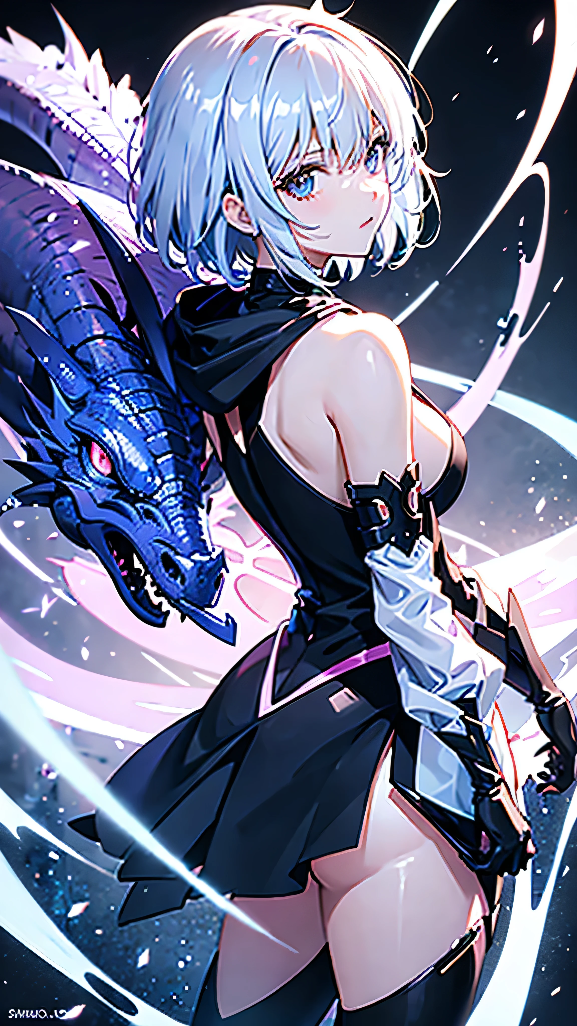 profile background, anime girl, serious face, fringe, short white hair, eyes purple, student clothing, high-res portrait, detailed eyes and face, character, fantasy, with a blue dragon behind, advanced urban, looking from behind at viewer, 4K, high resolution