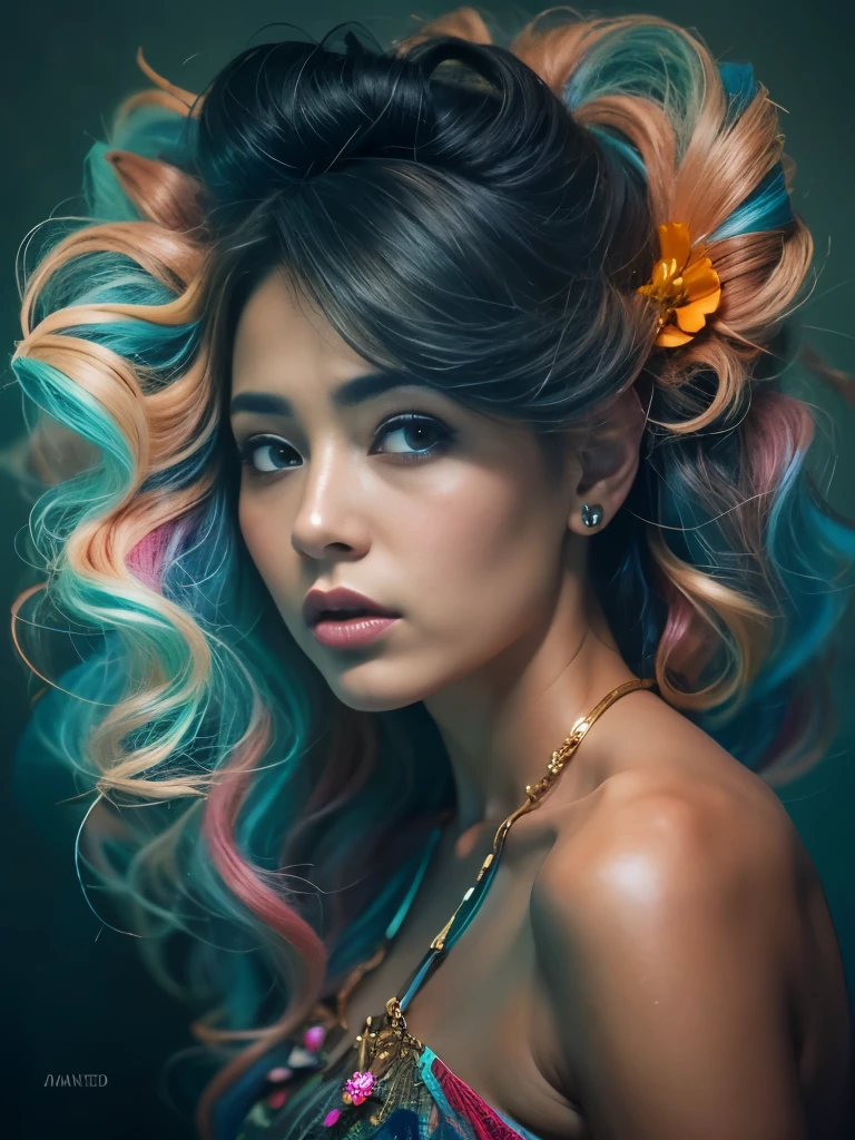 Portrait of a young, stunning woman in Ephemeral Midnight multicolored vapor
