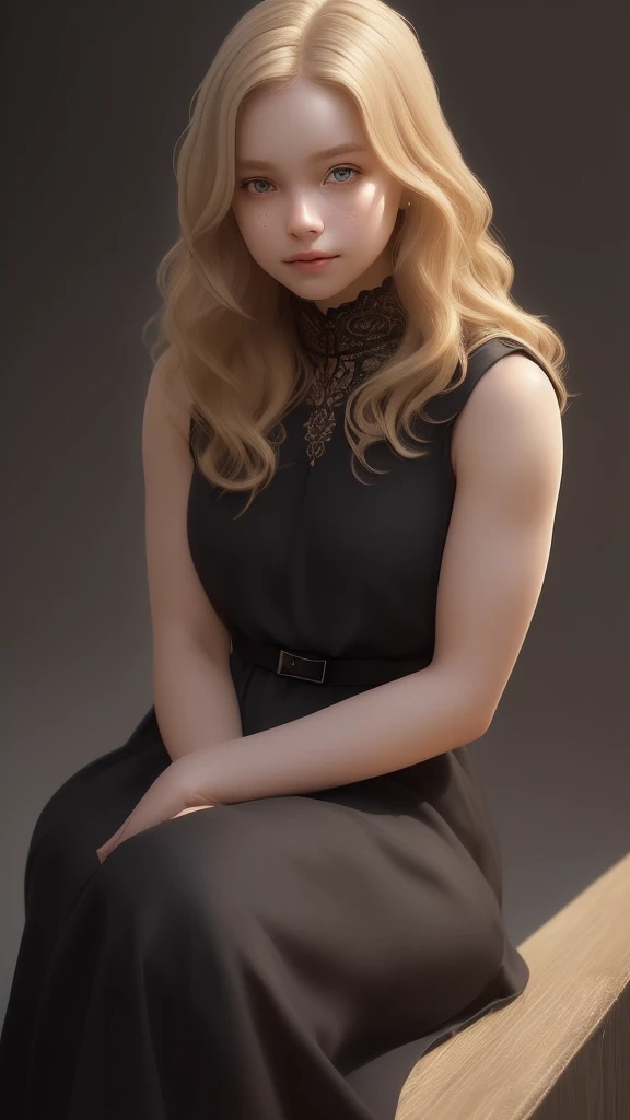 Prompt: Realistic, (photorealistic:1.4), beautiful happy girl with blond and brown highlight hairs , sitting pose, wearing a black dress with white detail , ultra detailed face, intricate details, skin texture, pores, highlights, hyperdetailed, soft natural light, exposure blend, flat color, low contrast