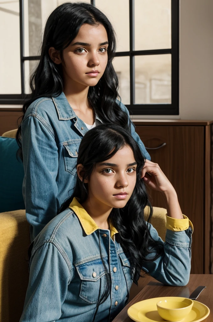 Image shot of girl with wavy black hair with two yellow strands, black left eye and blue right eye with a scar in the UA high  and she is sitting at a table in the living room.