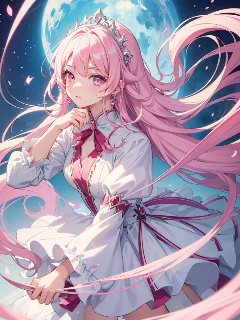 1girl, anime girl, pink eyes color, long hair fantasy princess hairstyles, studio anime art style, white princess dress outfit, hair color:#f9c7b1, fun expression smiles, fun smile, fantasy castle king hall, snow white walls, detailed face, detailed hands, detailed eyes, detailed lips, extremely detailed high quality, masterpiece, (best quality,4k,8k,highres,masterpiece:1.2), cinematic lighting,