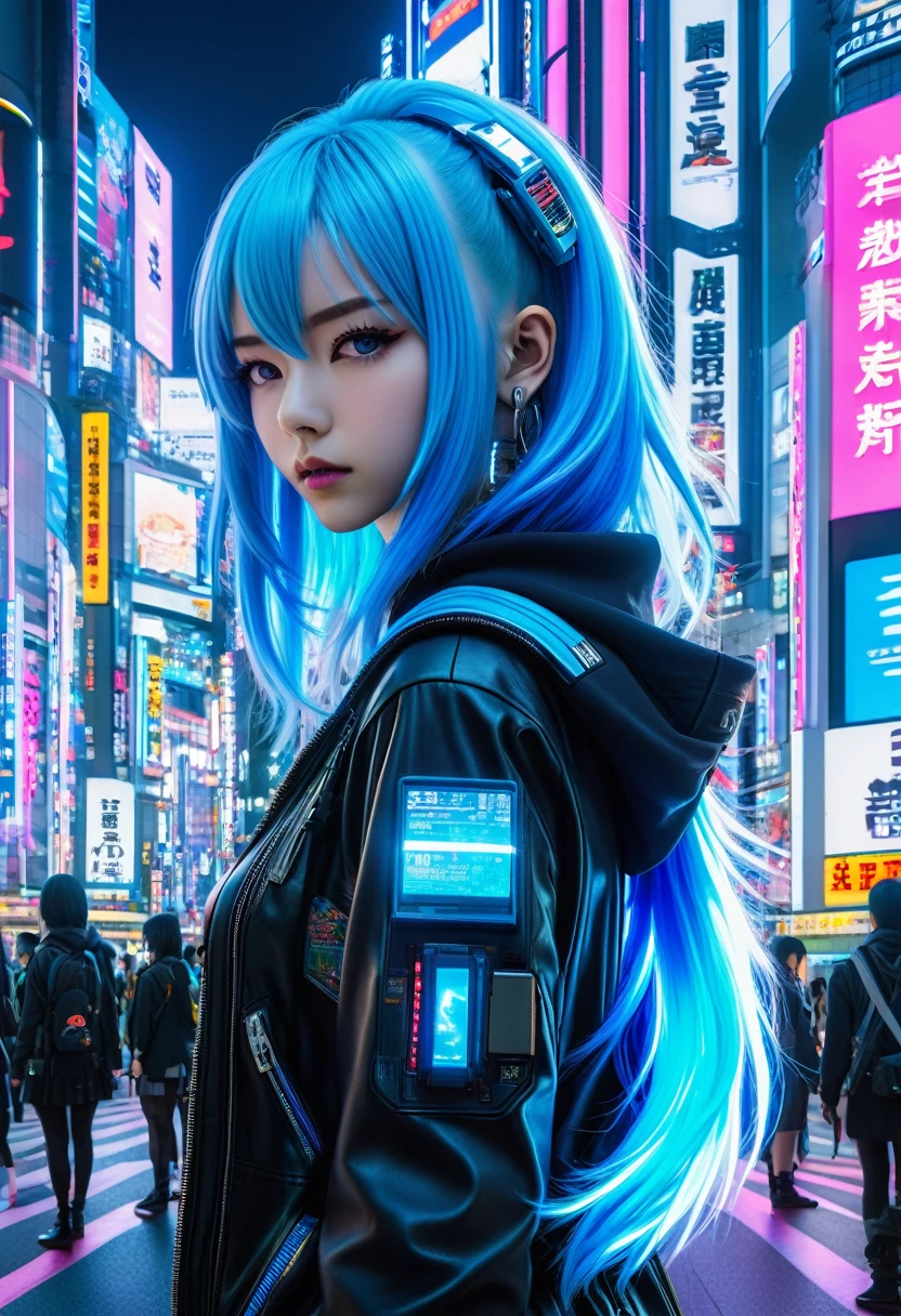 "A high school girl with long, neon blue hair and a futuristic with glowing accents, standing in a cyberpunk Shibuya. The scene includes neon signs, holograms, and advanced technology. The iconic Shibuya Scramble Crossing is in the background, filled with people and vehicles moving in various directions, creating a vibrant and dynamic atmosphere."