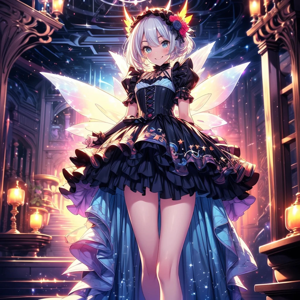 Star Fairy、score_9, score_8_superior, score_7_superior, sauce_anime,masterpiece, Highest quality, High resolution, Highly detailed CG, Absurd, One girl, alone, Cool girl in gothic lolita outfit posing in palace, mini skirt, Frills, 黒 and blue outfit,((smile), Spread your legs, Standing on the floor, ruby👁️🗨️,white_hair, ((two_side_superior)), background, dark_background, Black Palace, Midnight, indoor, (extremely detailed background:1.6), Details 1, Bright colors