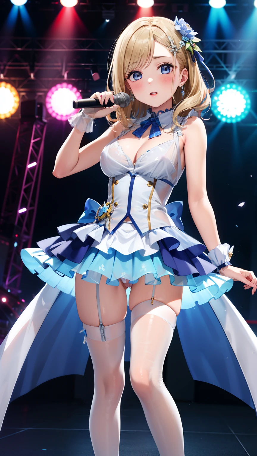 masterpiece, best quality, highly detailed, ultra high res, ayase arisa, kitagawa marin, 1girl, solo, hair ornament, flower in hair, blonde hair, glossy lips, full lips, sleeveless idol dress, very puffy miniskirt, flared miniskirt, (see-through skirt:1.5), pink thigh highs, white heeled boots, full body, looking at viewer, crowd, audience, cleavage