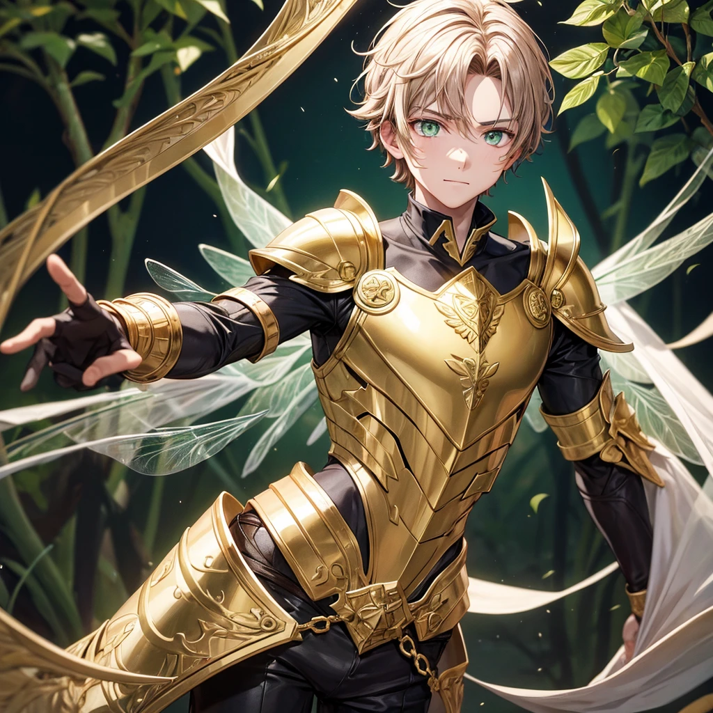 Boy with gold armor and cavello asero Black green eyes and dragonfly wings