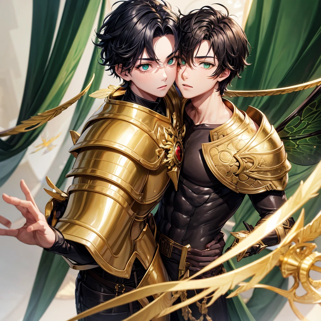 Boy with gold armor and cavello asero Black green eyes and dragonfly wings