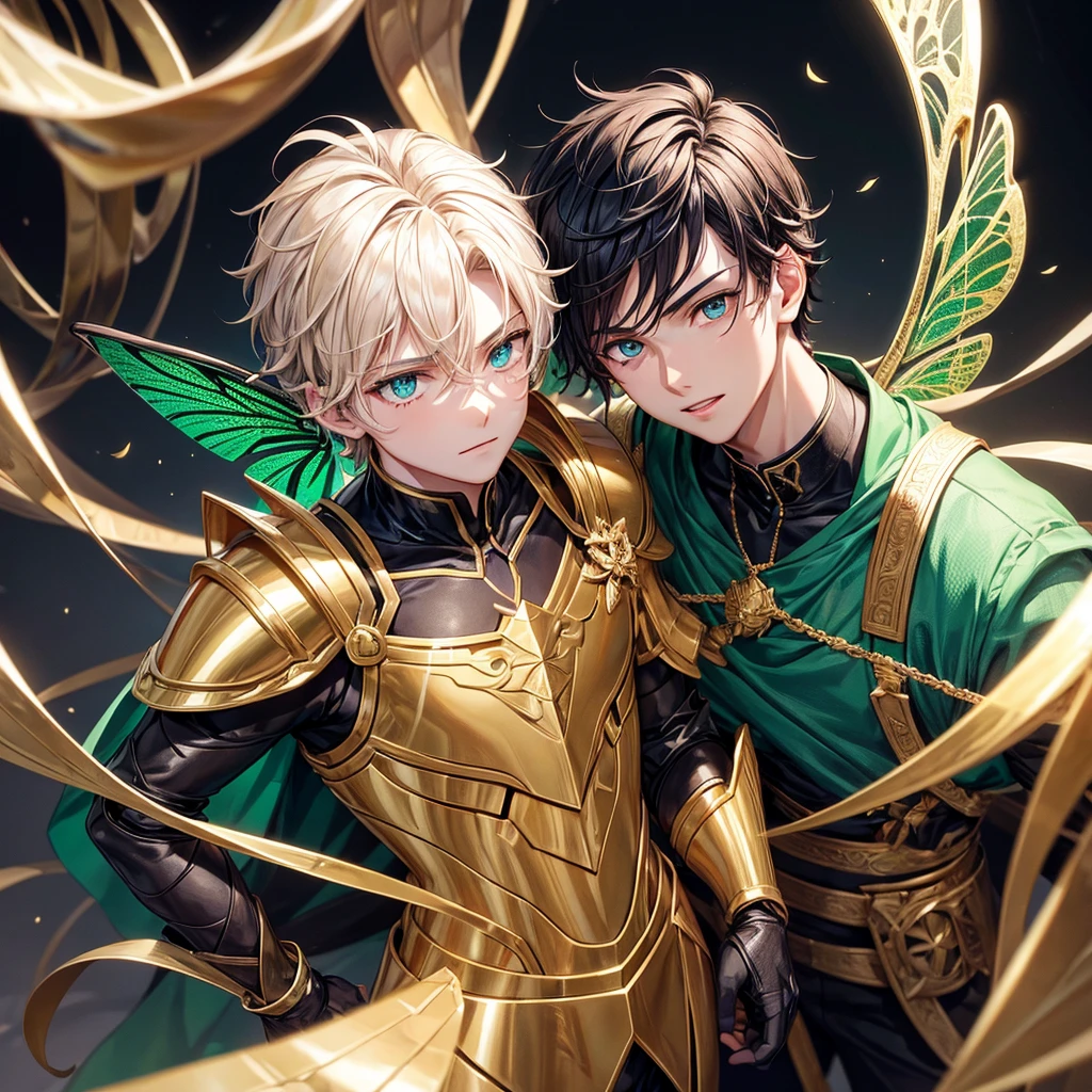 Boy with gold armor and cavello asero Black green eyes and dragonfly wings