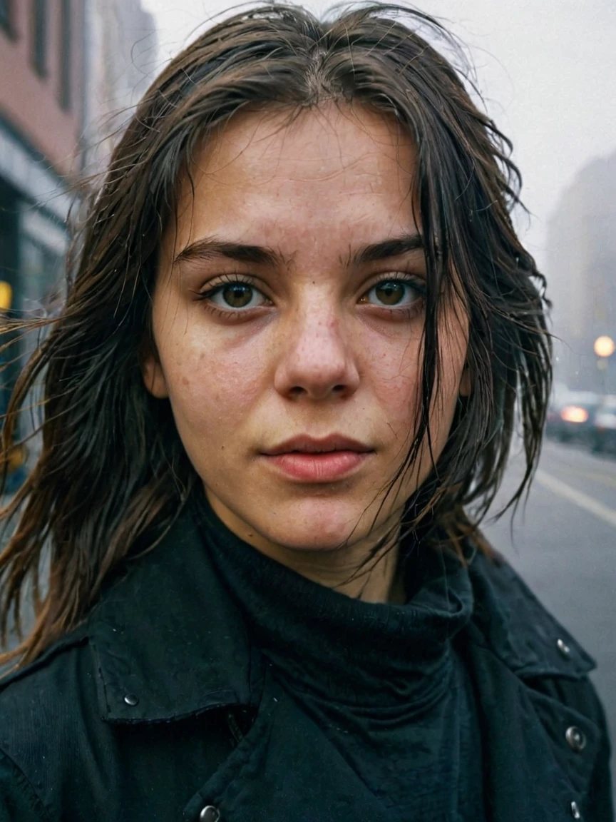 photography, city street, closeup portrait photo of young woman in dark clothes, sunny, daylight, fog, Fujifilm XT3, Canon R5, Fujicolor Fujichrome Velvia 100