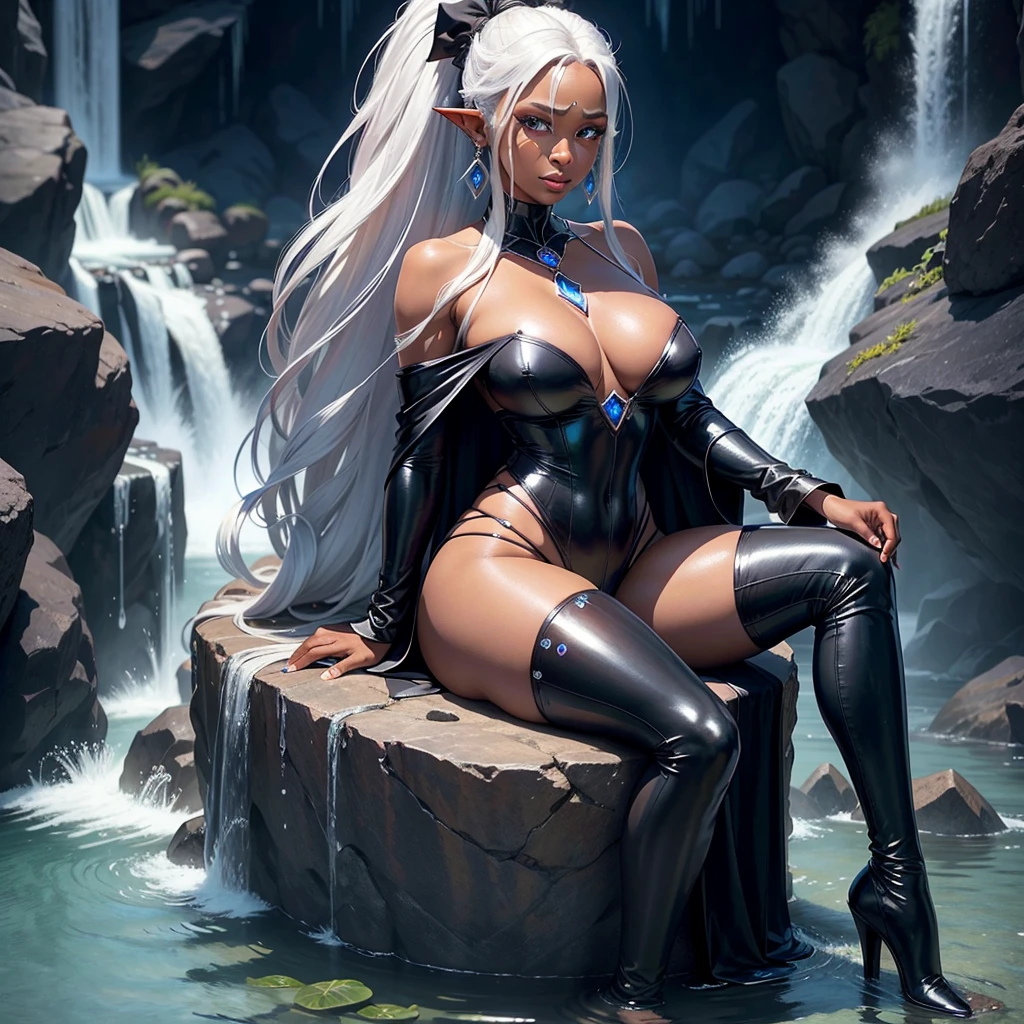 Full body image of a dark-skinned woman, Perfect beauty,Masterpiece, long white hair up in ponytail style, symmetrical face, perfect smile,big well defined eyes, well detailed sapphire blue pupils,long pointed ears, Red lips, silver earrings with sapphire in the center in the shape of tears in the ears, long silver necklace with a diamond-shaped sapphire in the center on the chest, very big breasts, thick legs, low-cut blue blouse,a black cape on the back with the lapels raised,tight-fitting matte black leather pants, black heeled ankle boots, sitting on a rock surrounded by colorful flowers,a lake with crystal clear waters with a waterfall in the background.