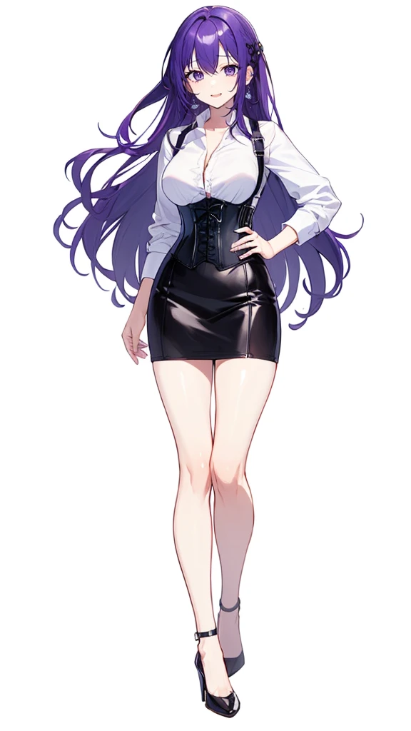 Purple hair,long hair,Adult female,((Rolling up your sleeves shirt)),Open chest,(Corset),(Tight skirt),(high heels),((Simple White background)),Smile,((Full body)),((whole body)),Character Sheet,