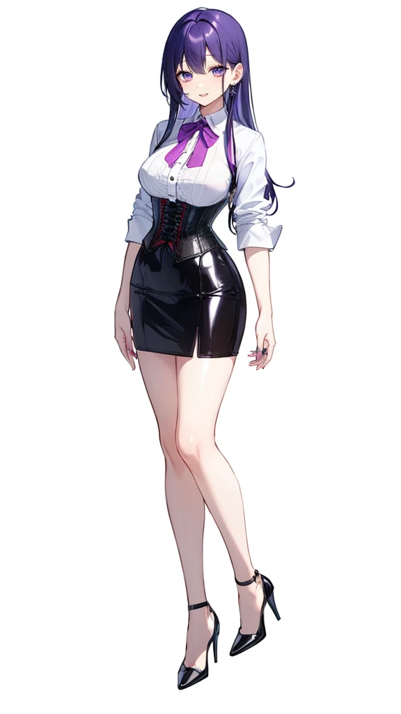 Purple hair,long hair,Adult female,((Rolling up your sleeves shirt)),Open chest,(Corset),(Tight skirt),(high heels),((Simple White background)),Smile,((Full body)),((whole body)),Character Sheet,