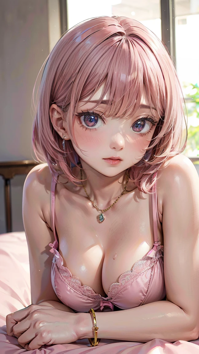 (Masterpiece, BestQuality:1.3), (ultra detailed:1.2), (hyperrealistic:1.3), (RAW photo:1.2), High detail RAW color photo, professional photograph, (Photorealistic:1.4), (realistic:1.4), (Pink Hair:1.5), professional lighting, perfect anatomy, (:1.2), (blush, detailed face), (A happy smile:1.7), Trending Hair&Trending Hairカラーをランダムに, earrings, necklace, bracelet, sexly, erotsexly, sexy gure poses, (Sebeauty in pink lingerDimly lit bedroom、Sweet smile、Bobcut、Lying on bed pose。:1.3)