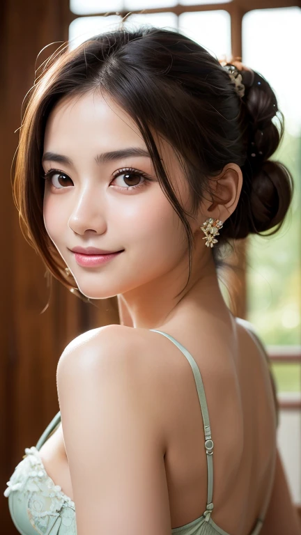 Highest quality, Tabletop, Ultra-high resolution, (Realistic:1.4), RAW Photos, One Girl, Japanese Idols, forehead、double bun, indoor, Summer noon,Fine grain,(Realistic eyes),Delicate face,realskin,Fine hair,Detailed skin,Beautiful Face,smile:1.1、((Beautiful hair ornaments))、Extremely detailed eye resolution、Purple bra、Add light to your hair、Buckshot、turn around、Beautiful shoulder blade