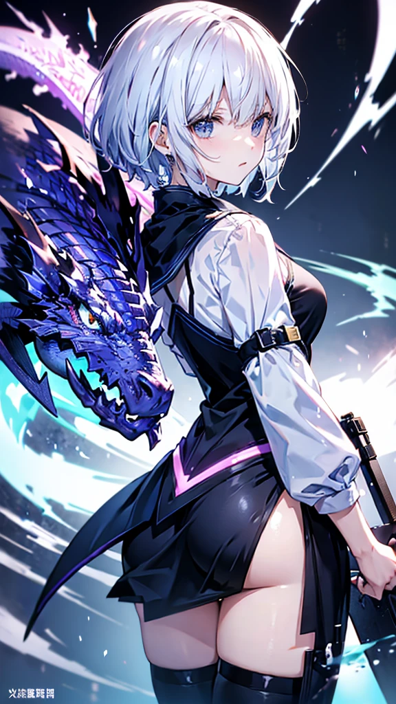 profile background, anime girl, serious face, fringe, short white hair, eyes purple, martial arts clothing, high-res portrait, detailed eyes and face, character, fantasy, with a blue dragon behind, advanced urban, looking from behind at viewer, 4K, high resolution