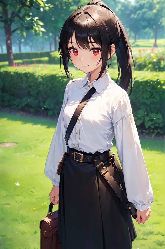 (masterpiece; best quality: 1.2), (finely detailed eyes: 1.3), ((10 year old female ???)), ((solo)), (red eyes: 1.4), (body; short, slender: 1.3), (black hair in ponytail: 1.3), (beautiful and clear background: 1.2), ((depth of field)), (clothes: wanderer mage attire + white-and-gold wide-sleeve shirt + very long black skirt + belts + traveler pouches and satchel: 1.3), (anime illustration: 1.2), (background; garden exterior: 1.1), (extremely fine and beautiful: 1.1), (shot composition; standing + centered on torso + close-up: 1.5), (expression; calm, smile: 1.2)