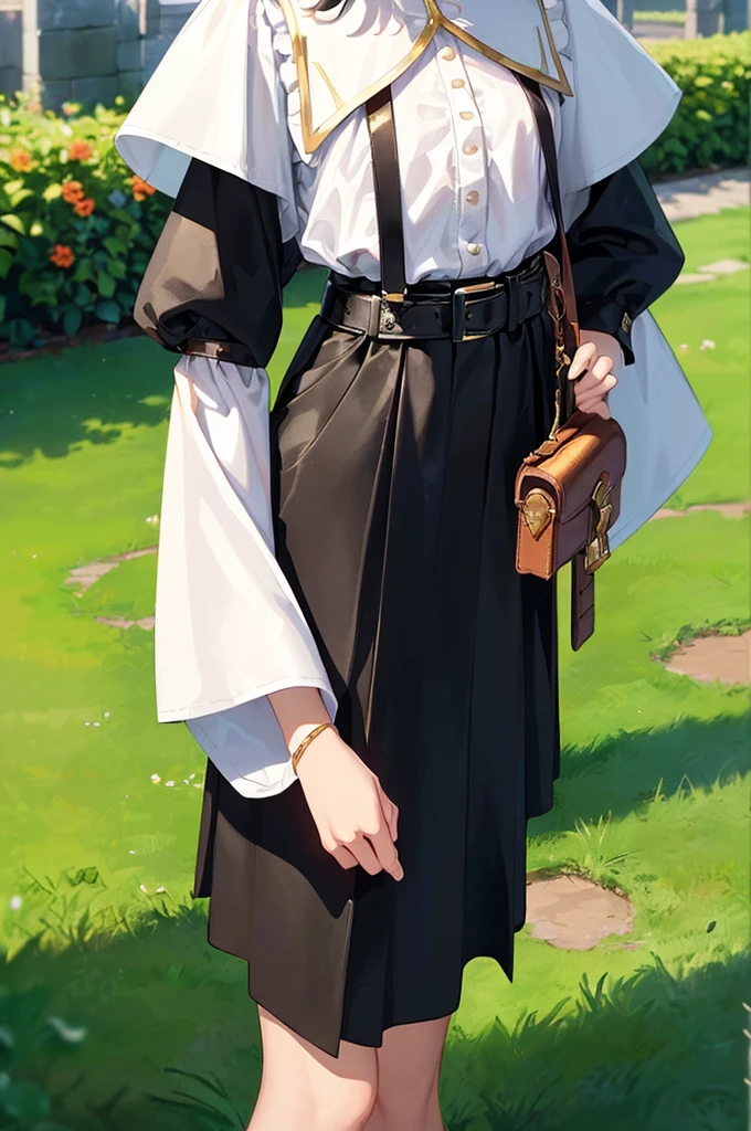 (masterpiece; best quality: 1.2), (finely detailed eyes: 1.3), ((10 year old female kid)), ((solo)), (red eyes: 1.4), (body; short, slender: 1.3), (black hair in ponytail: 1.3), (beautiful and clear background: 1.2), ((depth of field)), (clothes: wanderer mage attire + white-and-gold wide-sleeve shirt + very long black skirt + belts + traveler pouches and satchel: 1.3), (anime illustration: 1.2), (background; garden exterior: 1.1), (extremely fine and beautiful: 1.1), (shot composition; standing + centered on torso + close-up: 1.5), (expression; calm, smile: 1.2)
