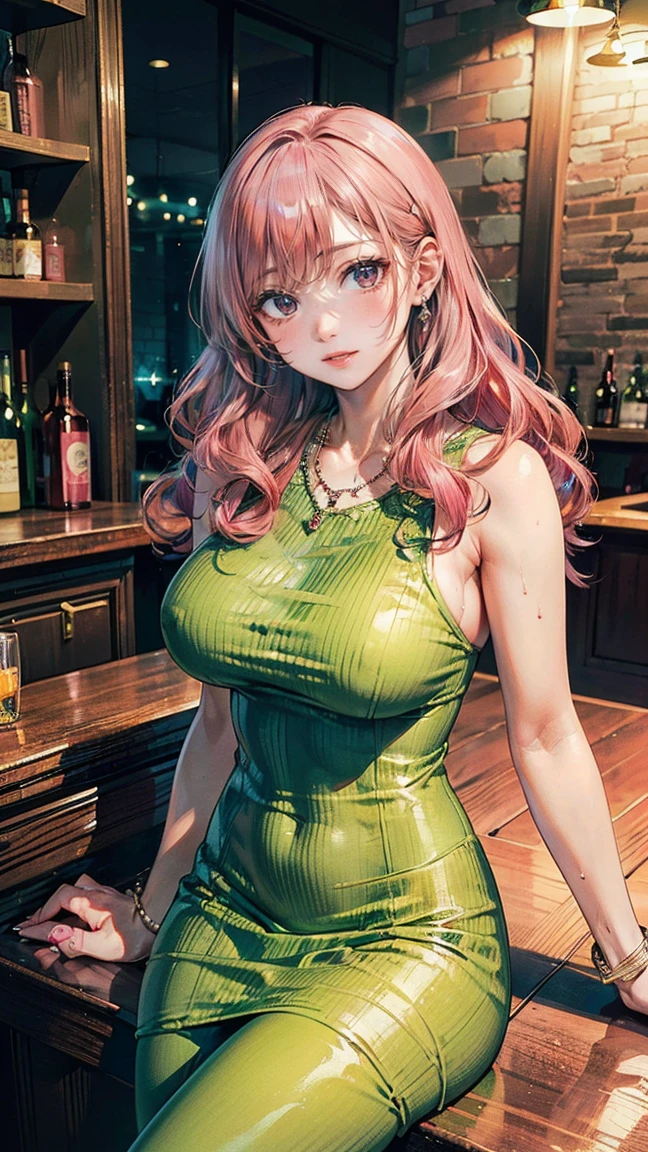 (Masterpiece, BestQuality:1.3), (ultra detailed:1.2), (hyperrealistic:1.3), (RAW photo:1.2), High detail RAW color photo, professional photograph, (Photorealistic:1.4), (realistic:1.4), (Pink Hair:1.5), professional lighting, perfect anatomy, (Big Breasts:1.2), (blush, detailed face), (A happy smile:1.7), Trending Hair&Trending Hairカラーをランダムに, earrings, necklace, bracelet, sexly, erotic sexly, Random sexy gravure poses, (Sexy woman in a green tight dress、Luxury Bar、A seductive gaze、Wavy Hair、Sitting on the counter。:1.3)