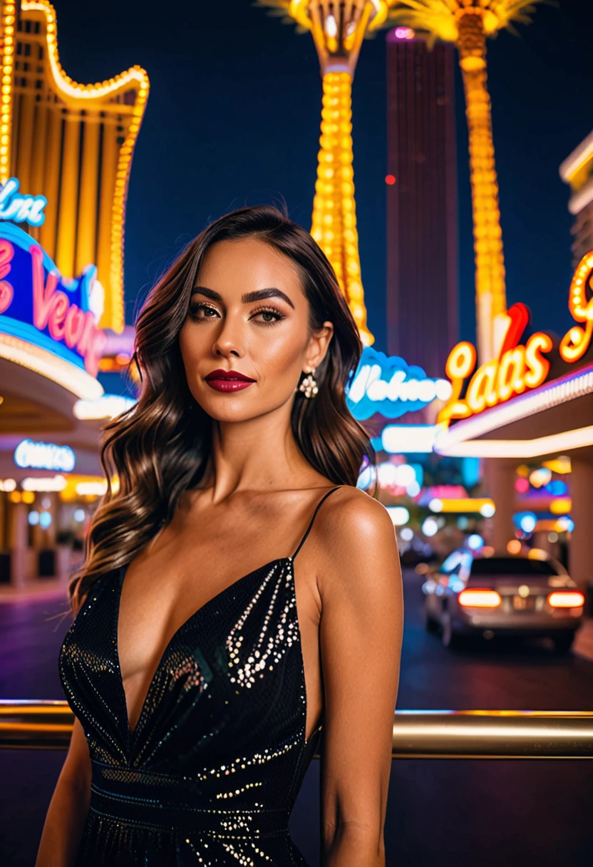 realistic, best quality, very detailed, Beautiful woman, Selfie Photo, upper body, alone, wearing a black long dress, standing next to a las vegas hotel, night, nightlife, neon lights, big city(cheerful, happy),  analog style, looking at viewer, skin texture, film grain, enlargement, ultra high resolution, best shadow, raw, Instagram LUTs