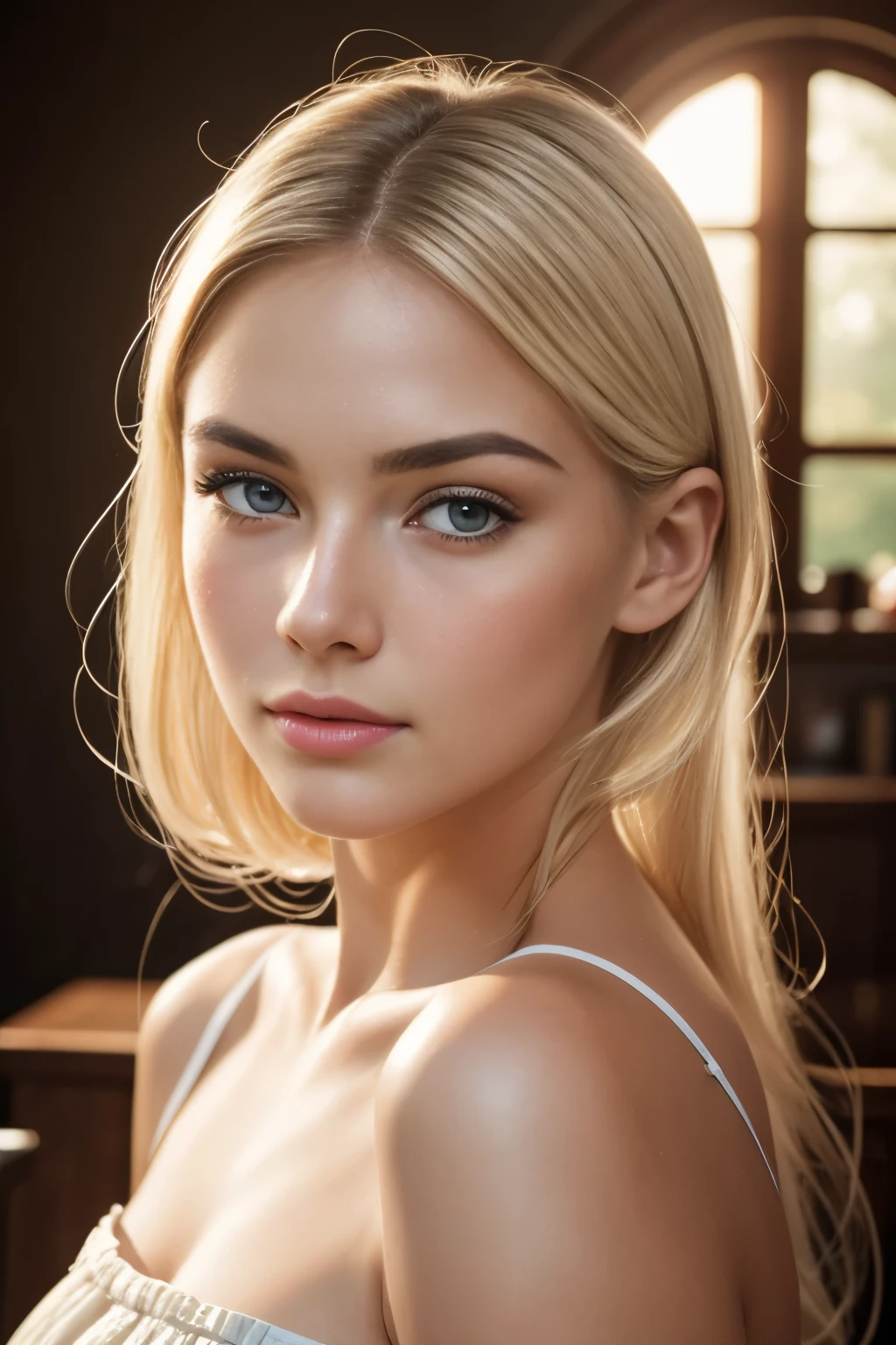 Realistic photo of a beautiful woman with a round face and high cheekbones, she has a cute button nose and small jaw, with large beautiful pale eyes, she has dark brows and white blonde hair, she has a compact strong body with beautiful legs, (masterpiece), (photorealistic:1.4), RAW photo, best quality, high res, rich colors, backlight, bright sunlight, cinematic lighting, film grain, raw photo, 50mm lens, Nikon D850, warm colors