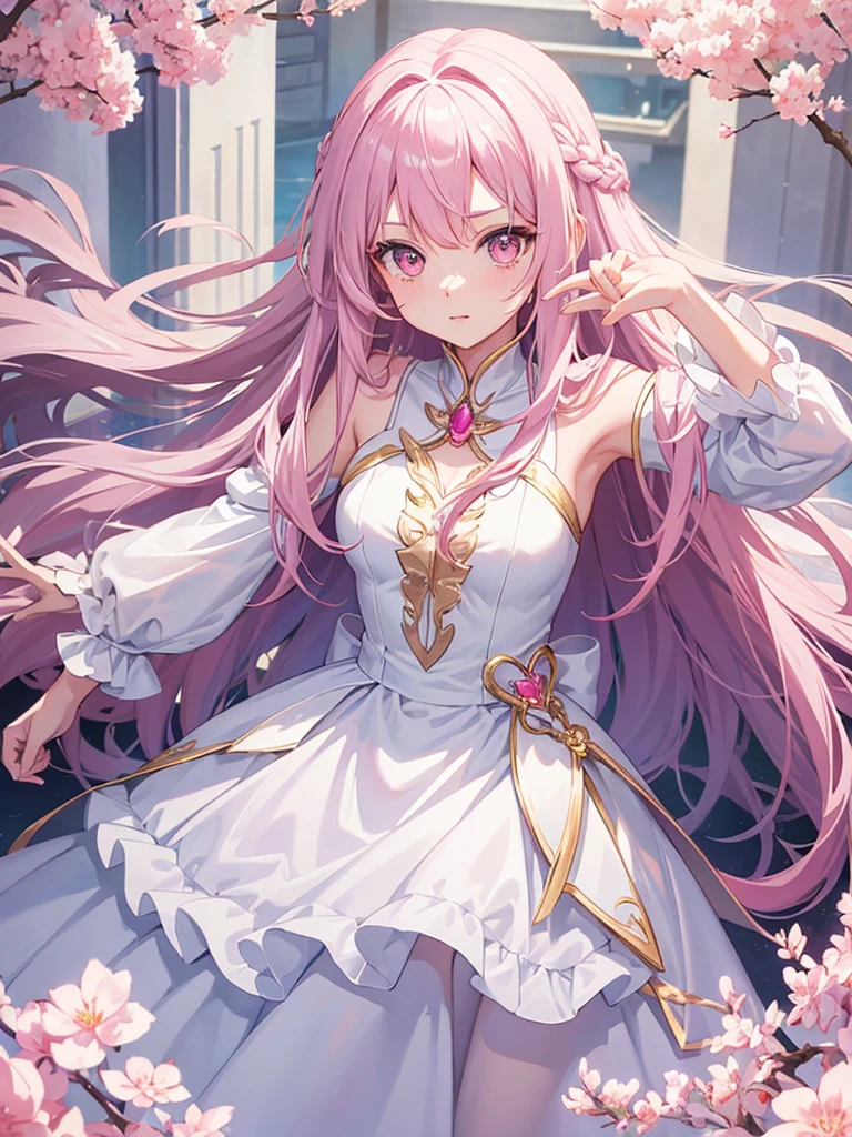 1girl, anime teen girl, pink eyes color, long hair fantasy princess hairstyles, studio anime art style, white princess dress outfit, *hair color #f9c7b1*, fun expression smiles, fun smile, fantasy castle king hall, snow white walls, detailed face, detailed hands, detailed eyes, detailed lips, extremely detailed high quality, masterpiece, (best quality,4k,8k,highres,masterpiece:1.2), cinematic lighting,