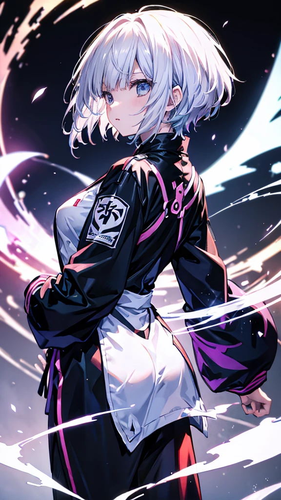 profile background, anime girl, serious face, fringe, short white hair, eyes purple, martial arts clothing, high-res portrait, detailed eyes and face, character, fantasy, with a blue dragon behind, advanced urban, looking from behind at viewer, 4K, high resolution