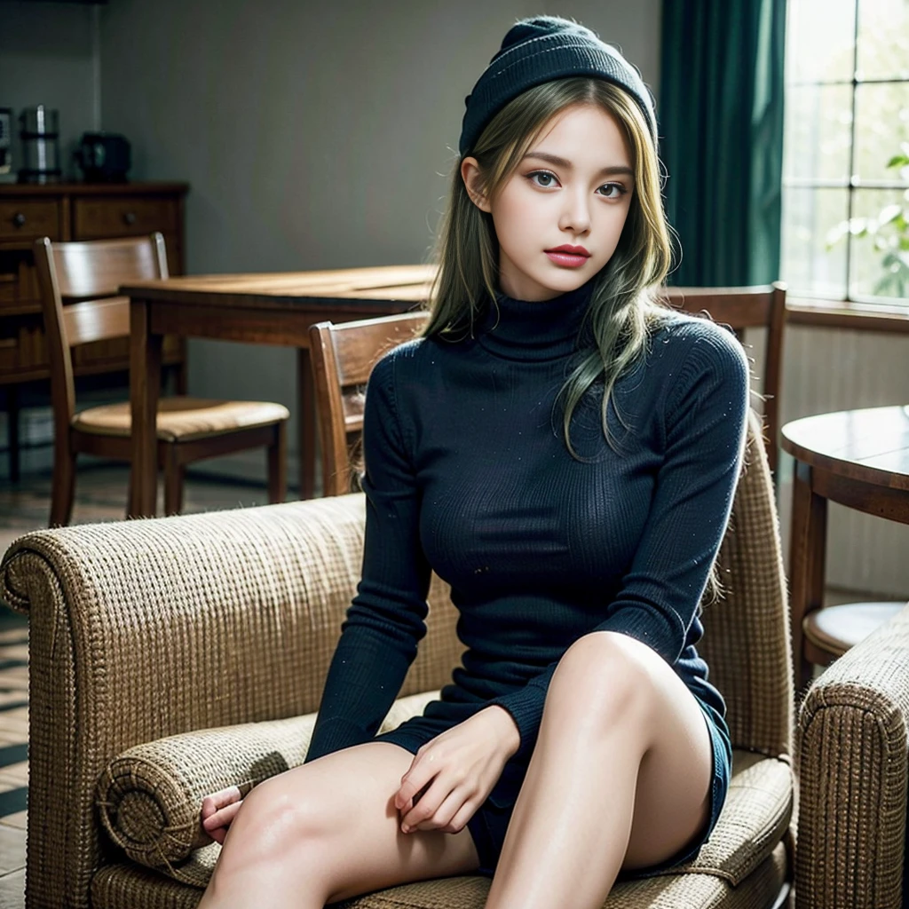 1 girl, alone, cafes, Green hair, Beanie, sweater, jeans, sit on the chair, dynamic poses, Indoors, 
