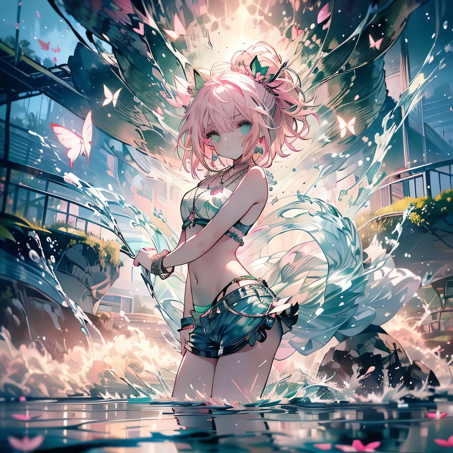 (beautiful pink and green butterflies all over the place),
((masterpiece:1.4, best quality)), ((masterpiece, best quality)),low angle,beautiful pony tail silver green hair,beautiful  pink eyes,little cute   girl,wet full body, bathing in the water,water falls,water splash,lovely laugh,denim shorts,pink and green baseball cap, ((pink and green elegant summer bikini)), (Lace chalker, wristband, diamond necklace,earrings),cinematic lighting and pause,beautiful natural mysterious park,night sky,full moon,(beautiful pink and green butterflies all over the place),