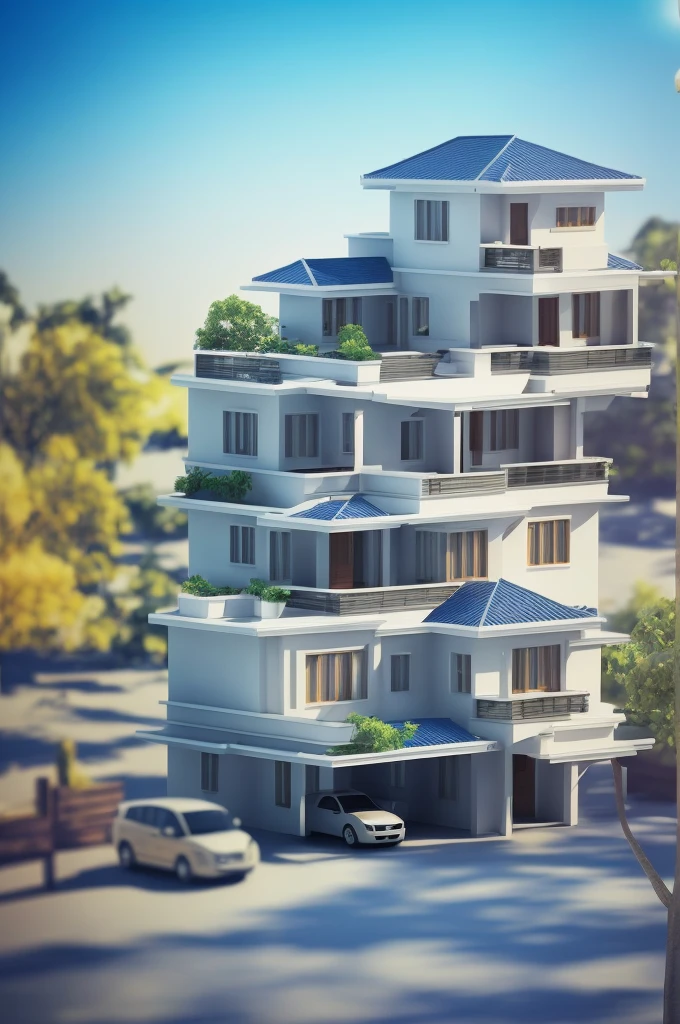 architecture,house,一个男人坐在house的顶部,There is a mobile phone on it,3D Style,Blue sky,Blurred Background,Bokeh,Depth of Field,Film Grain,Focus,Motion Blunance,gold