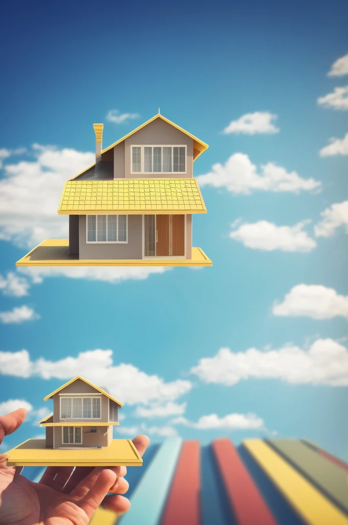 architecture，house，一个男人坐在house的顶部，There is a mobile phone on it，3D Style，Blue sky，Blurred Background，Bokeh，Depth of Field，Film Grain，Focus，Motion Blunance，gold