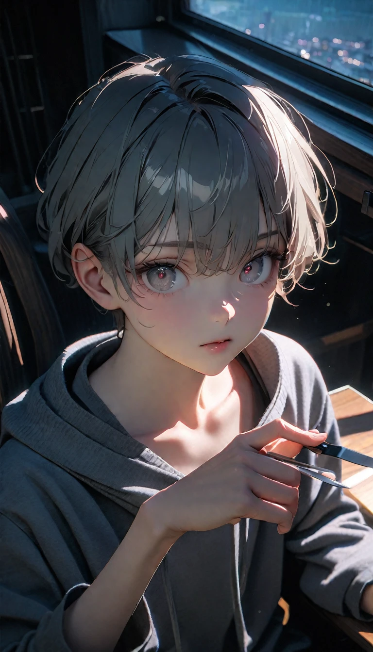 (8K, RAW photos, best quality, masterpiece: 1.4), (((The boy sits at the desk))),Ultra-high resolution, Extremely detailed, light, Close-up of face, handsome boy, black eyes, (delicate eyes, Eyes are bright:1.2), Gray short hair, Fair skin,dark, Grey sweatshirt, sweatshirt with hood,(perfect anatomy:1.2), High-quality shadows, Natural Lighting, (White highlights:1.2), night, cloudy day, (at home:1.2), (Boning knife in hand:1.2)