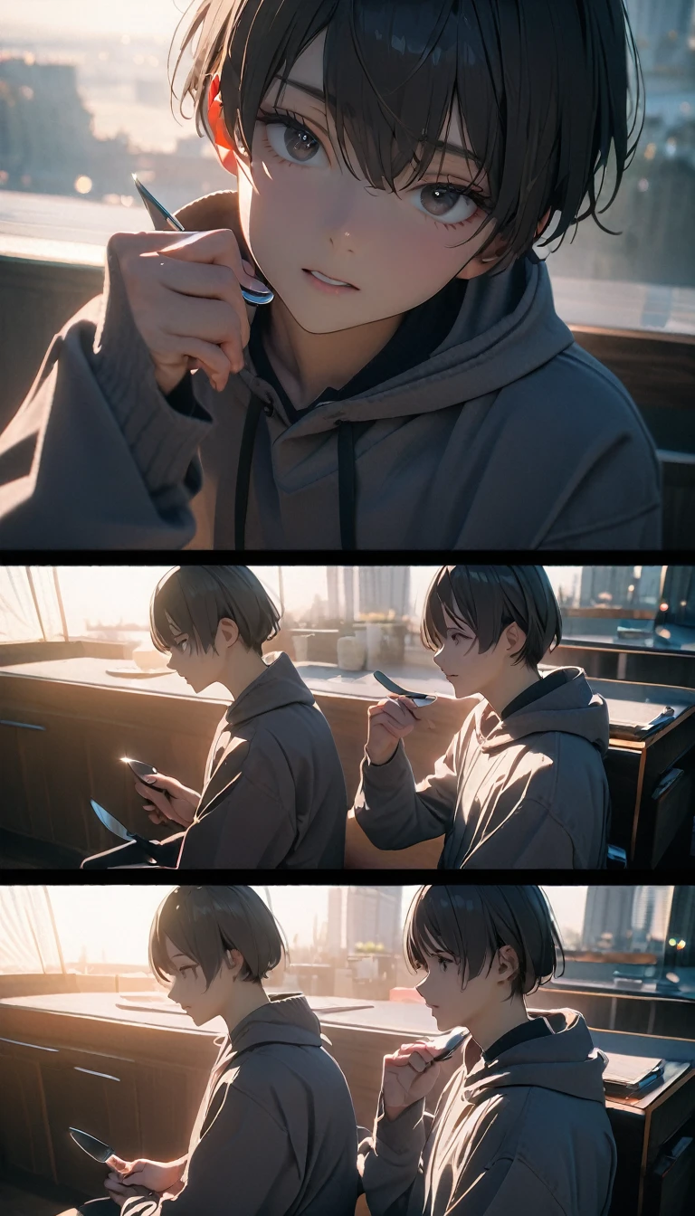 (8K, RAW photos, best quality, masterpiece: 1.4), (((The boy sits at the desk))),Ultra-high resolution, Extremely detailed, light, Close-up of face, handsome boy, black eyes, (delicate eyes, Eyes are bright:1.2), Gray short hair, Fair skin,dark, Grey sweatshirt, sweatshirt with hood,(perfect anatomy:1.2), High-quality shadows, Natural Lighting, (White highlights:1.2), night, cloudy day, (at home:1.2), (Boning knife in hand:1.2)